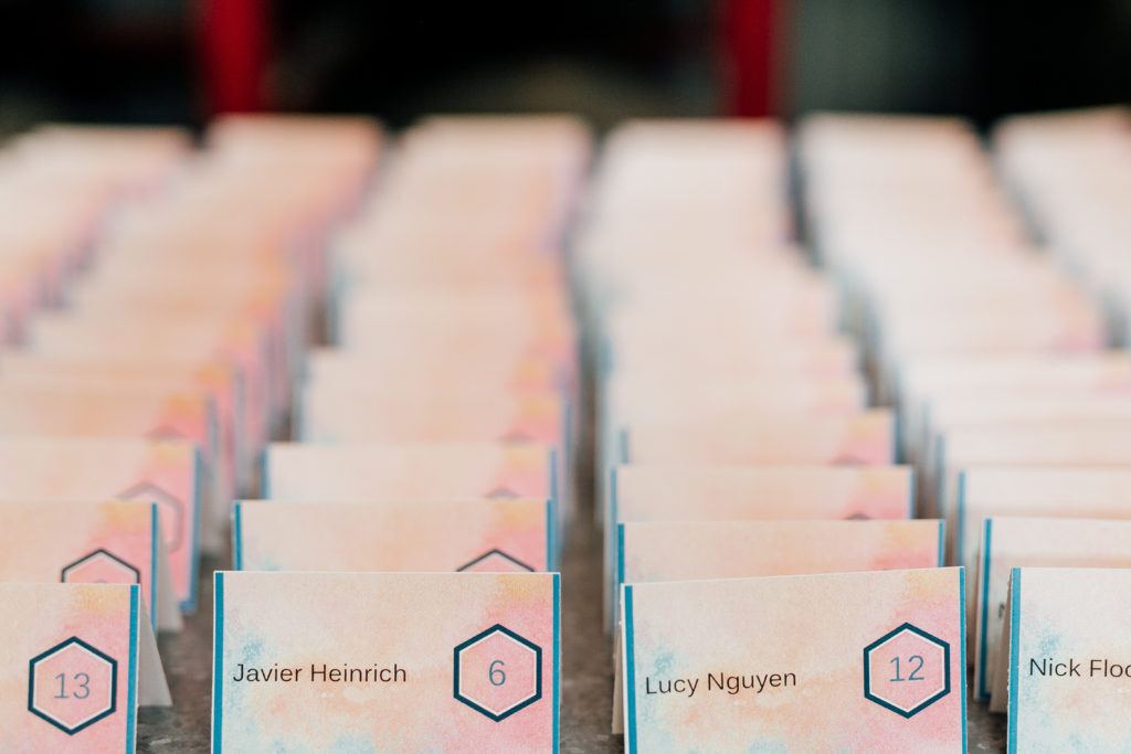 Modern, colorful name cards at Reception at Sf Winery