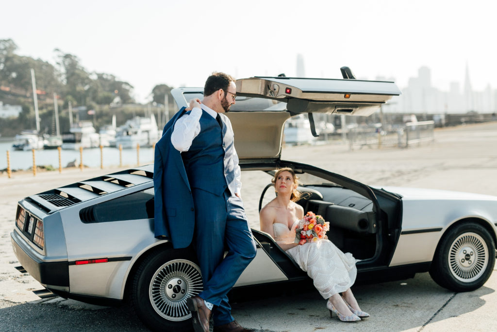 Portraits at Treasure Island with San Francisco in the background in the Bay Area Delorean