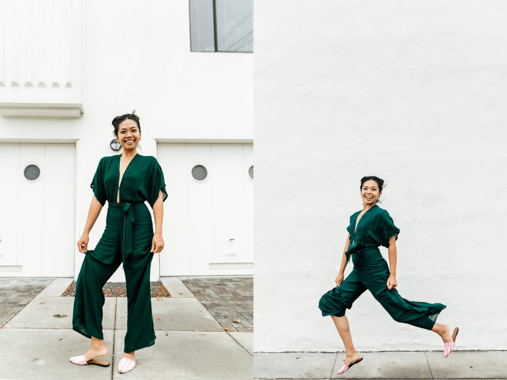 Girl in Reformation jumpsuit