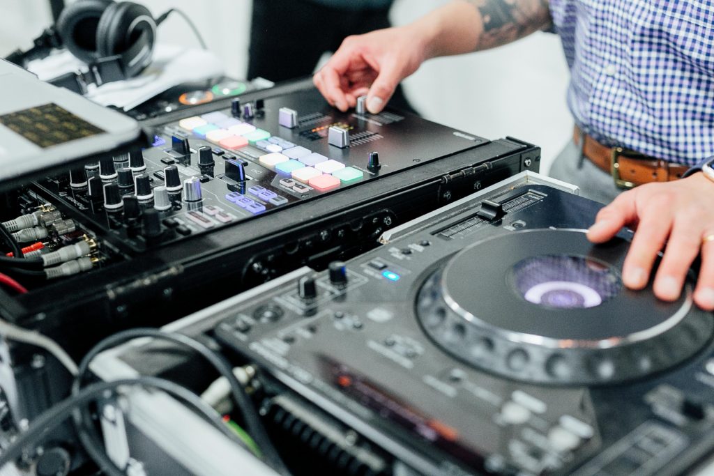 DJ at wedding party, close-up of his equipment 