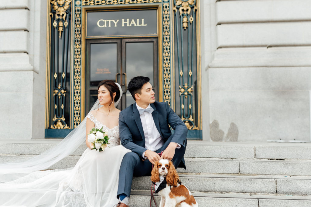 Bride, groom, and dog sit on steps of City Hall
