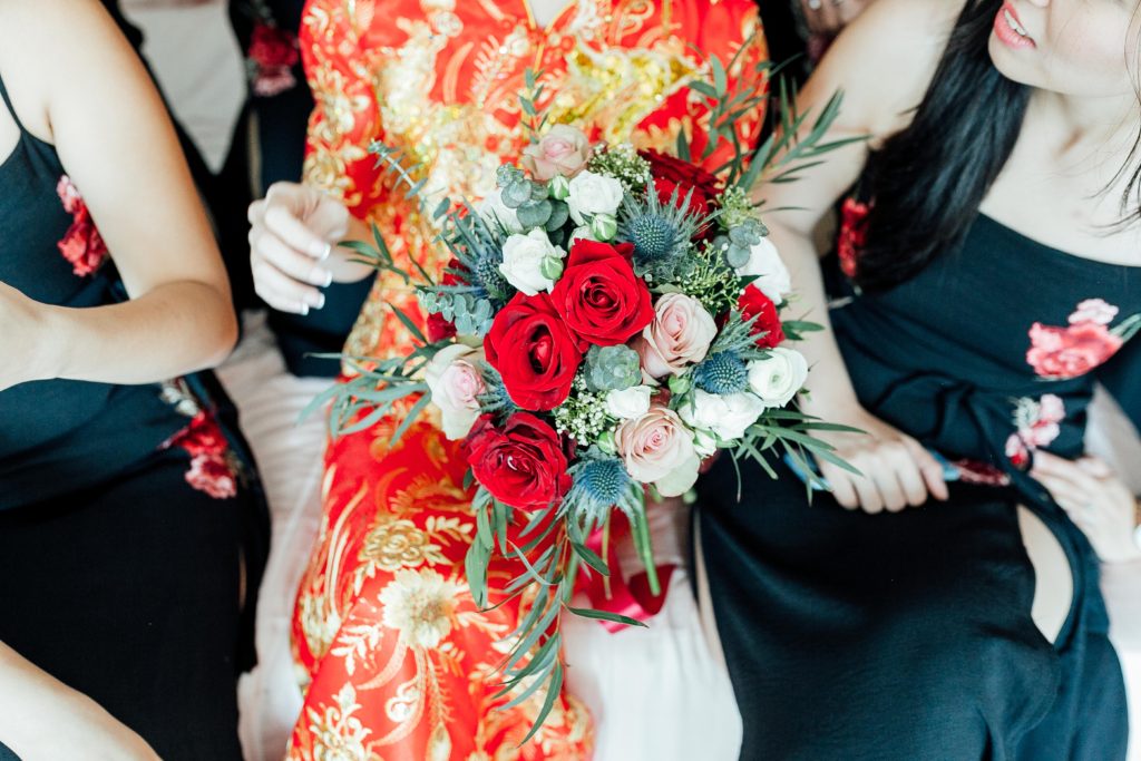 Detail shot of red and green bouquet
