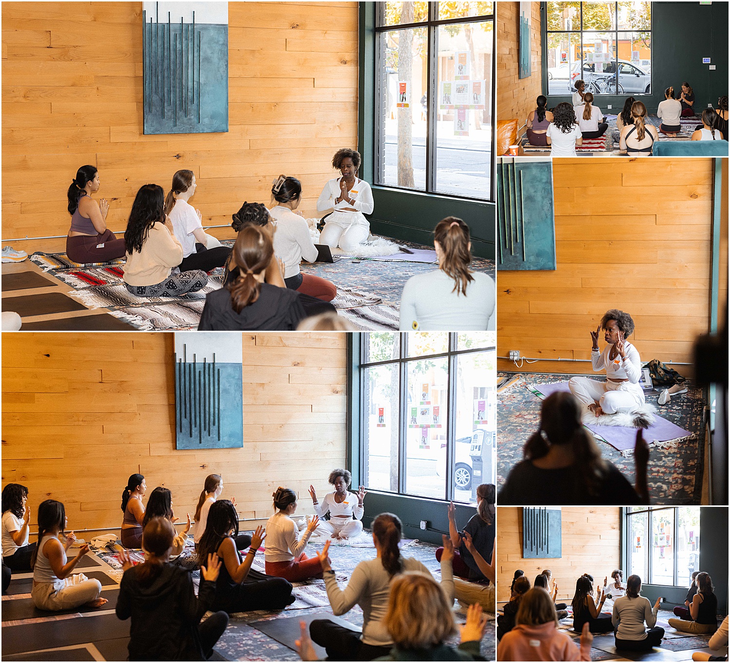 Women practice meditation and yoga together at Brand Events hosted by ComePlum
